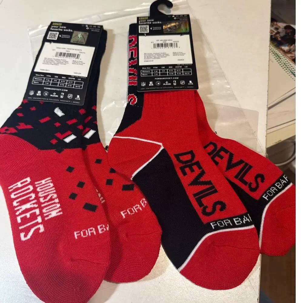 For Bare Feet Youth Socks 2 pairs Houston Rockets New Jersey Devils NHL NBA 13-5